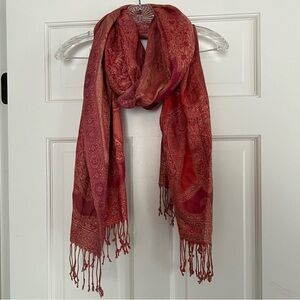 Gold Shimmer Coral Red Paisley Fringed Scarf Wrap - Preowned EUC